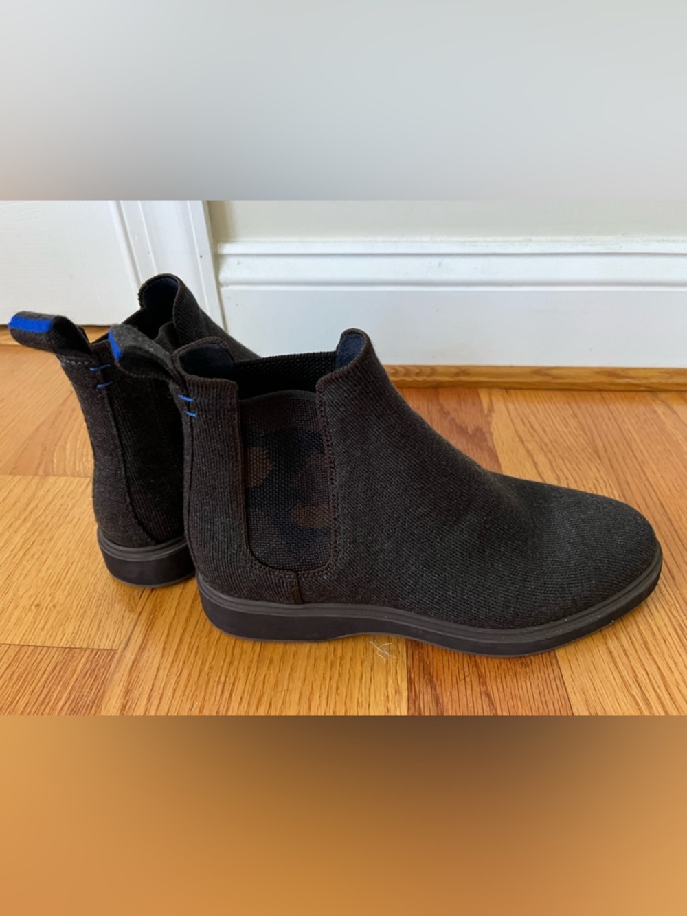 Rothy's Men’s Brown-Grey Knit Chelsea Boot with Blue Pull Tab